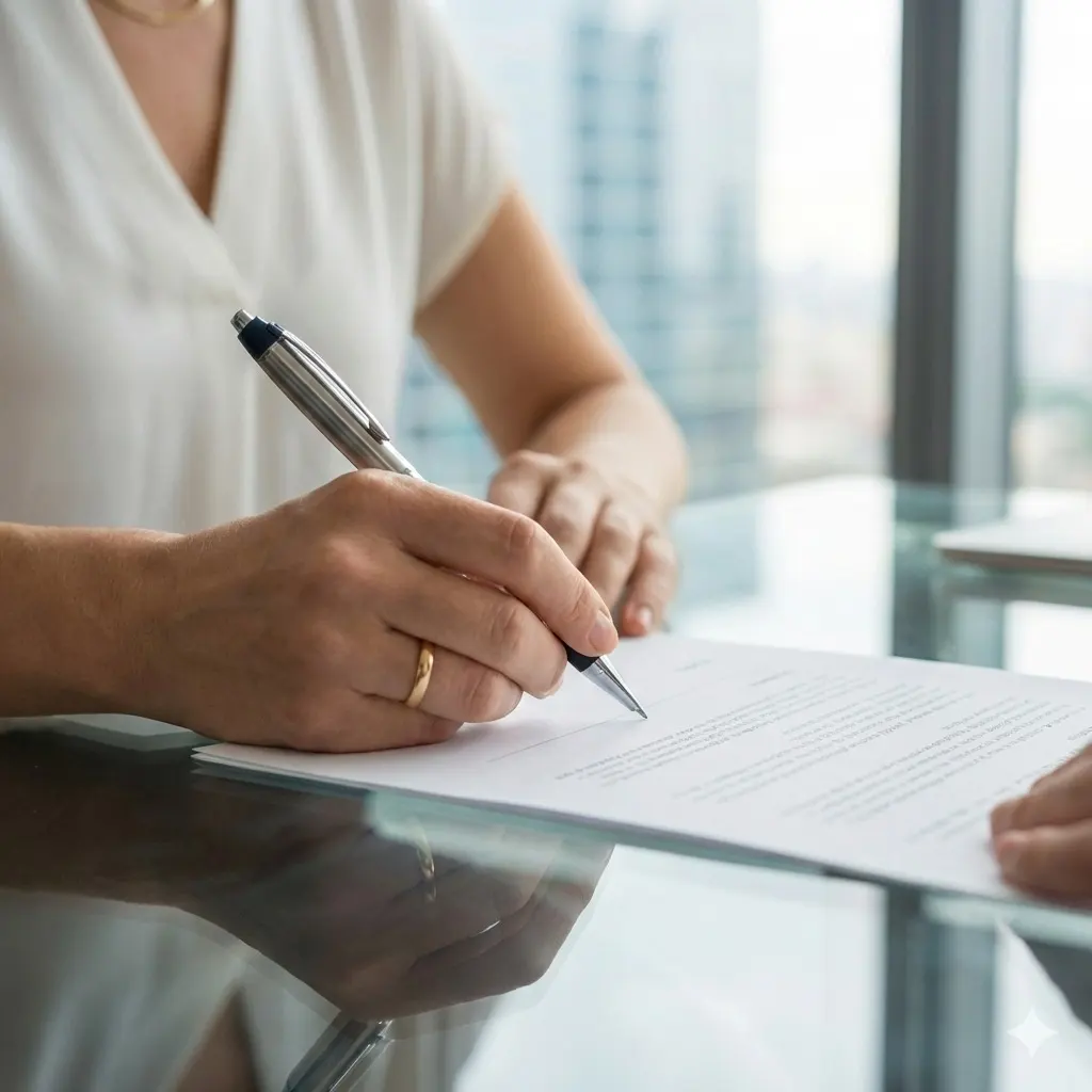 Persona firmando documentos oficiales del registro civil